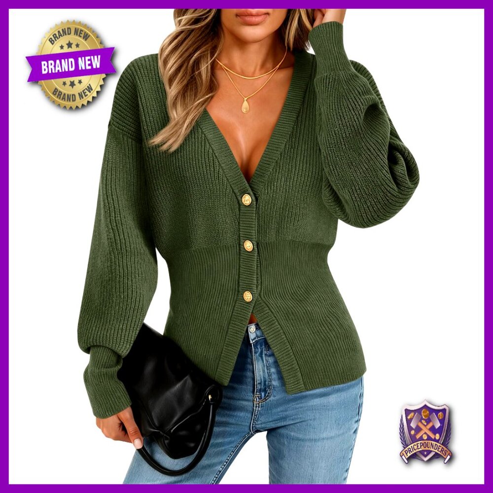 Chunky Knit V-Neck Cardigan, Button Front, Lantern Sleeves, Loose Fit